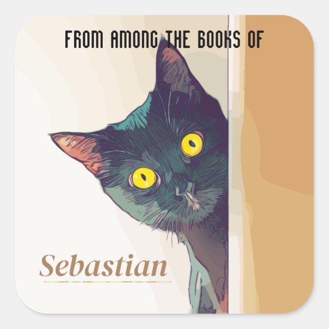 6 Personalised Bookplate/Nameplate with Cat Motif  Square Sticker (Front)