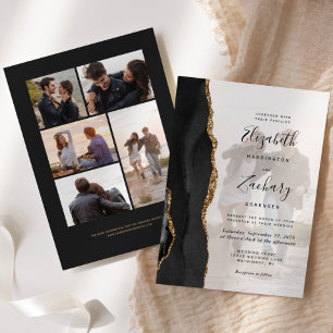 6-Photo Black Gold Agate Wedding Invitation