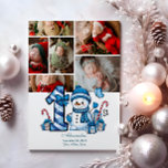 6 Photo Blue Snowman First Christmas Holiday Card<br><div class="desc">Celebrate your little one’s first holiday season with this cheerful winter design featuring a blue plaid number,  adorable snowman,  and scattered candy canes and gifts. Customise it with your baby's photo and birth details to create a keepsake that brings charm and magic to your holiday memories.</div>