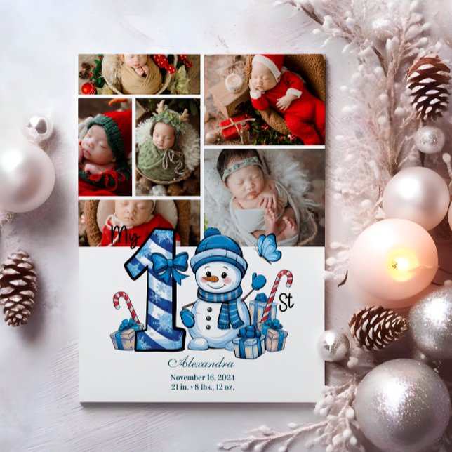 6 Photo Blue Snowman First Christmas Holiday Card (Creator Uploaded)