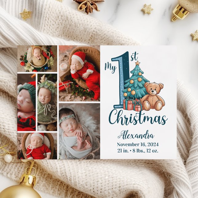 6 Photo Blue Teddy Baby 1st Christmas Holiday Card (Creator Uploaded)