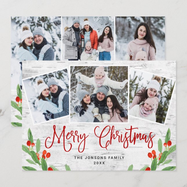 6 PHOTO Christmas Rustic Birch Bark Greeting Holiday Card (Front/Back)