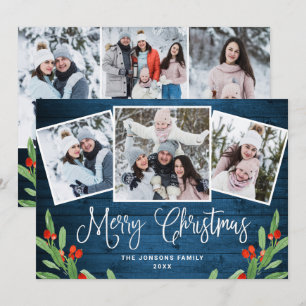6 PHOTO Christmas Rustic Blue Wood Greeting Holiday Card