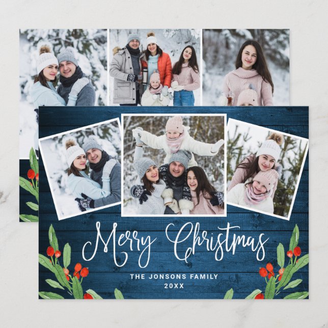6 PHOTO Christmas Rustic Blue Wood Greeting Holiday Card (Front/Back)