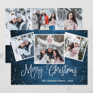 6 PHOTO Christmas Rustic Blue Wood Greeting Holiday Card