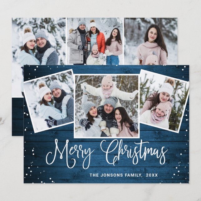 6 PHOTO Christmas Rustic Blue Wood Greeting Holiday Card (Front/Back)