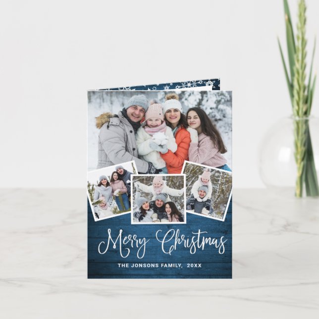 6 PHOTO Christmas Rustic Blue Wood Greeting Holiday Card (Front)