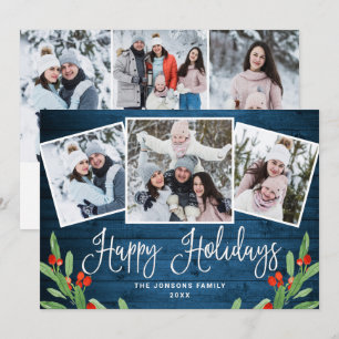 6 PHOTO Christmas Rustic Blue Wood Greeting Holiday Card