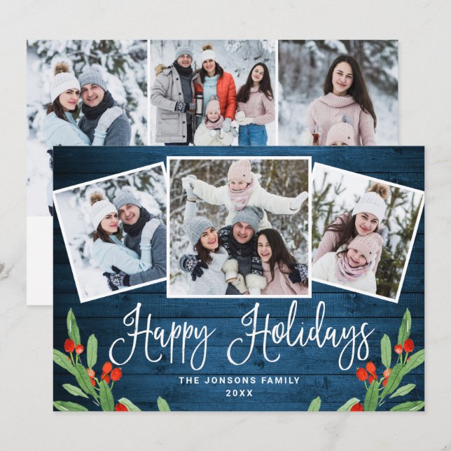 6 PHOTO Christmas Rustic Blue Wood Greeting Holiday Card (Front/Back)