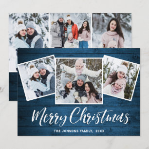 6 PHOTO Christmas Rustic Blue Wood Greeting Holiday Card