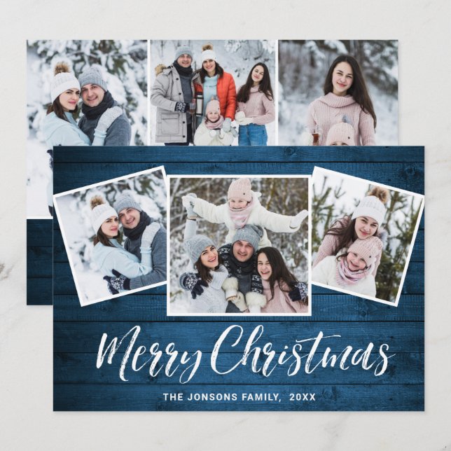 6 PHOTO Christmas Rustic Blue Wood Greeting Holiday Card (Front/Back)
