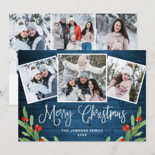 6 PHOTO Christmas Rustic Blue Wood Greeting Holiday Card
