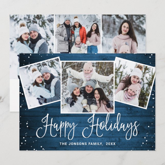 6 PHOTO Christmas Rustic Blue Wood Greeting Holiday Card (Front/Back)