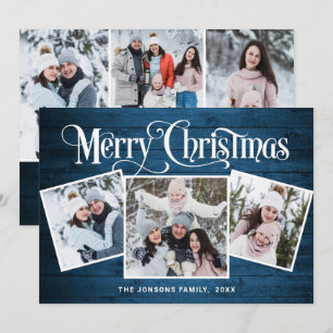 6 PHOTO Christmas Rustic Blue Wood Greeting Holiday Card