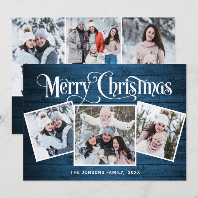 6 PHOTO Christmas Rustic Blue Wood Greeting Holiday Card (Front/Back)