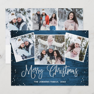 6 PHOTO Christmas Rustic Blue Wood Greeting Holiday Card