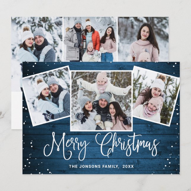 6 PHOTO Christmas Rustic Blue Wood Greeting Holiday Card (Front/Back)