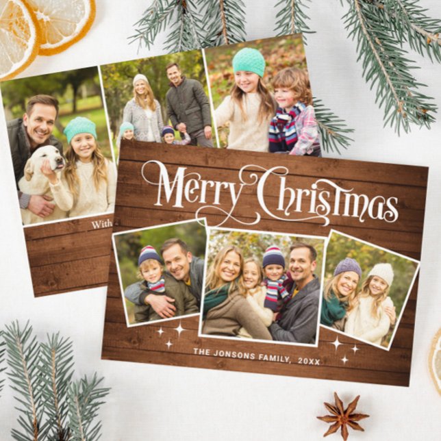 6 PHOTO Christmas Rustic Brown Wood Greeting Boho Holiday Card (Creator Uploaded)