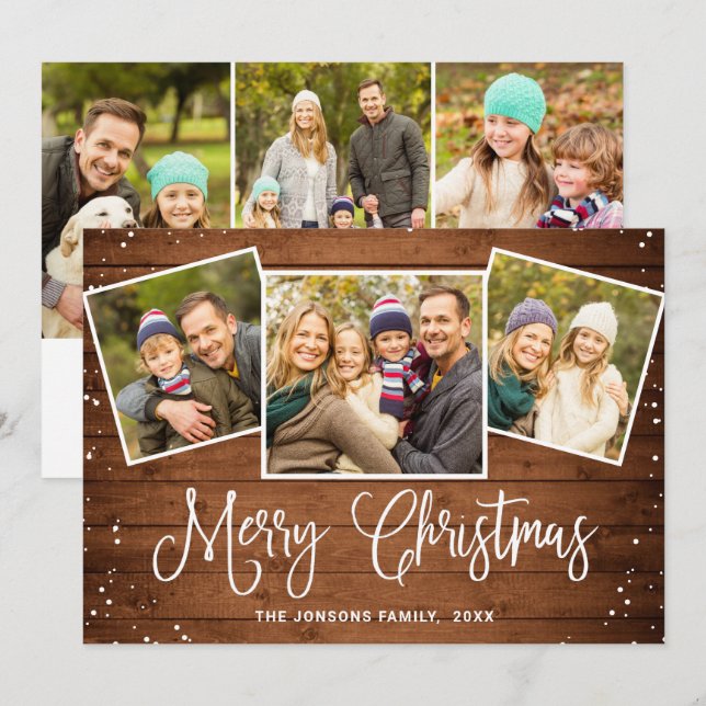 6 PHOTO Christmas Rustic Brown Wood Greeting Holiday Card (Front/Back)