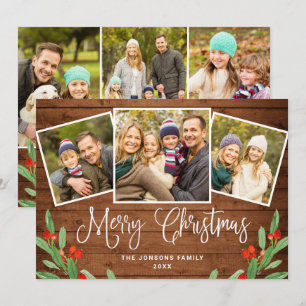 6 PHOTO Christmas Rustic Brown Wood Greeting Holiday Card