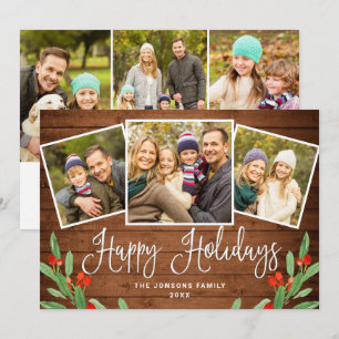 6 PHOTO Christmas Rustic Brown Wood Greeting Holiday Card