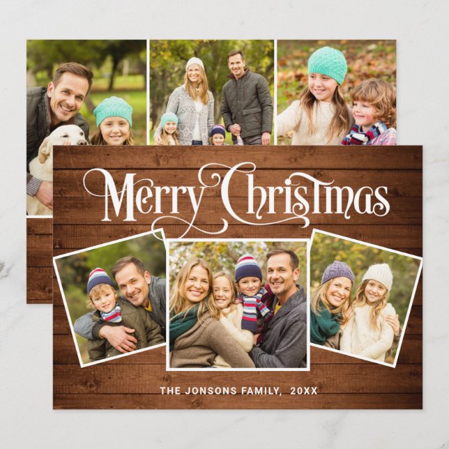 6 PHOTO Christmas Rustic Brown Wood Greeting Holiday Card (Front/Back)