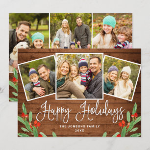 6 PHOTO Christmas Rustic Brown Wood Greeting Holiday Card