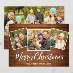 6 PHOTO Christmas Rustic Brown Wood Greeting Holiday Card