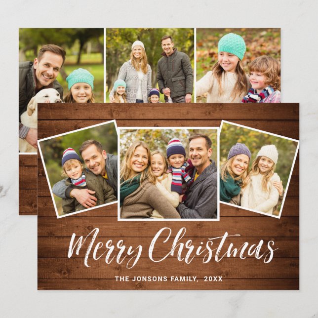 6 PHOTO Christmas Rustic Brown Wood Greeting Holiday Card (Front/Back)