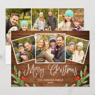 6 PHOTO Christmas Rustic Brown Wood Greeting Holiday Card