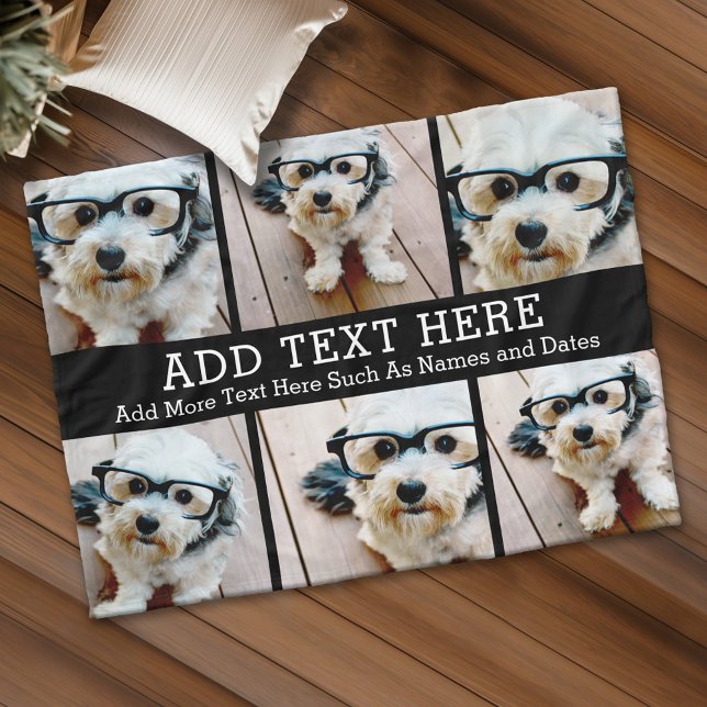 6 Photo Collage 2 Lines of Text -- CAN Edit Black Fleece Blanket (Custom Fleece Blanket - Add Photos and Text)