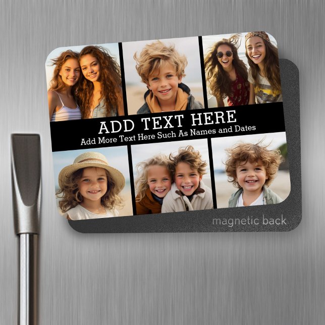 6 Photo Collage 2 Lines of Text -- CAN Edit Black Magnet (Personalized fridge magnet - add photos and custom text)