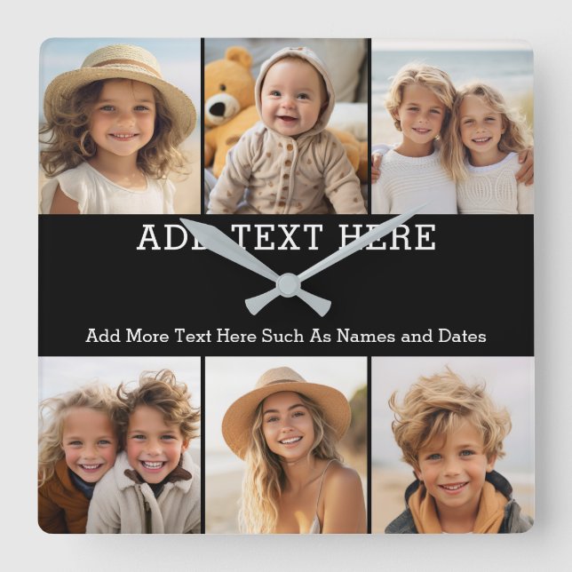 6 Photo Collage 2 Lines of Text -- CAN Edit Black Square Wall Clock (Front)