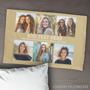 6 Photo Collage 2 Lines of Text -- Pastel Gold Pillowcase