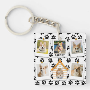 6 Photo Collage Add Name Dog House Paw Prints  Key Ring