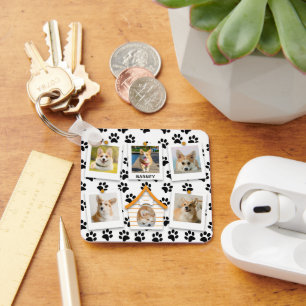 6 Photo Collage Add Name Dog House Paw Prints Key Ring