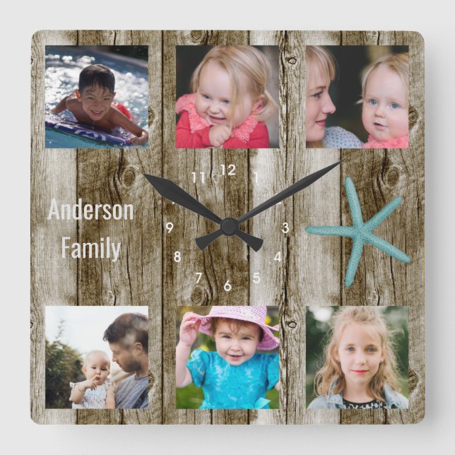 6 Photo Collage Beach Plank Square Wall Clock (Front)