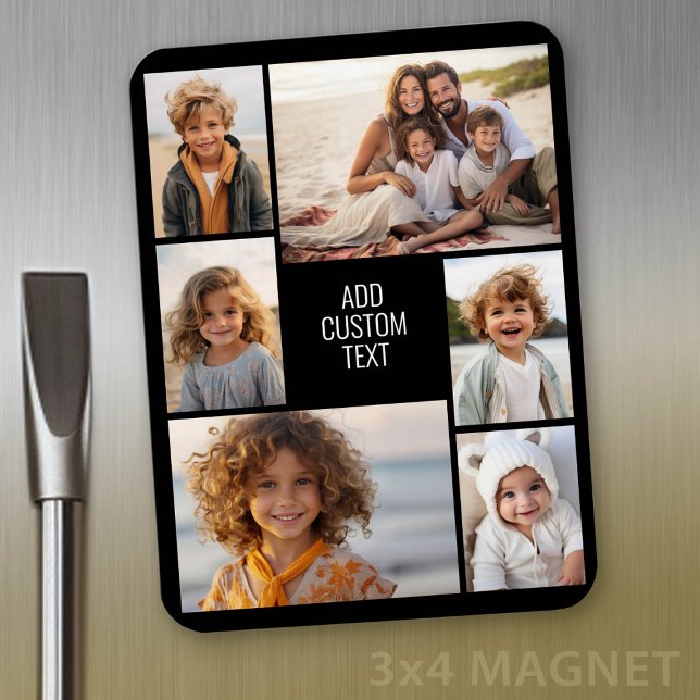 6 photo collage - black background - white text magnet (Personalized magnet with photo collage and text)