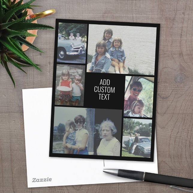 6 photo collage - black background - white text postcard (6 Photo Personalized Photo collage Postcard)