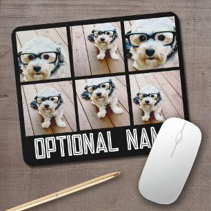 6 Photo Collage - black with bold name in white Mouse Mat
