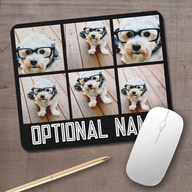 6 Photo Collage - black with bold name in white Mouse Mat (Personalized mouse pad with your photos and text)