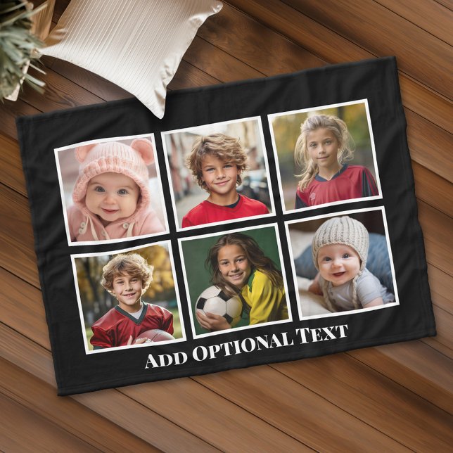 6 Photo Collage black with white text - big photos Fleece Blanket (Personalized fleece blanket with 6 photos and custom text)