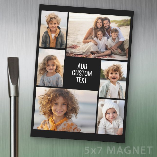 6 Photo Collage - Black with White Text Magnet (Photo Magnet Sheet - 5 inches x 7 inches)