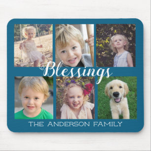 6 Photo Collage Blessings Script Blue Mouse Mat