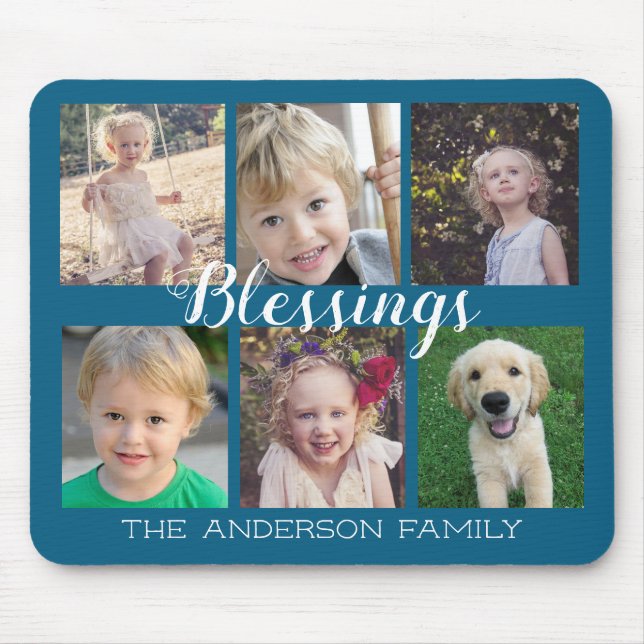 6 Photo Collage Blessings Script Blue Mouse Mat (Front)