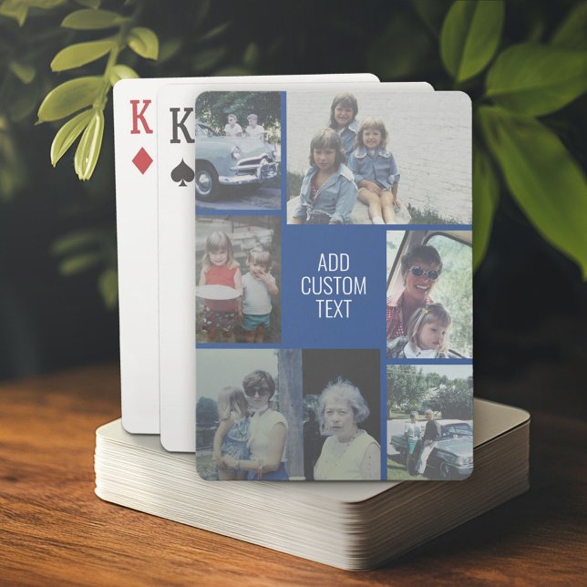 6 photo collage - blue background - white text playing cards (Custom Poker Playing Cards)