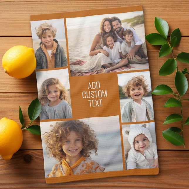 6 photo collage - colour background - white text tea towel (Custom Kitchen Towel with Photo Collage)