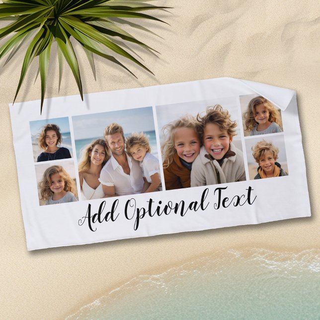 6 Photo Collage Custom Script Text Black White Beach Towel (Personalized Beach Towel - Add Photos and Text)