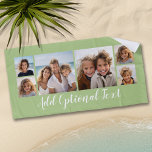 6 Photo Collage Custom Script Text Light Green Beach Towel<br><div class="desc">A fun way to display photos of friends and family. Upload up to 6 photos and add them to the collage. The background is a light green, but you can change the background when you click on the customise link and choose a different colour. You can also add a name...</div>