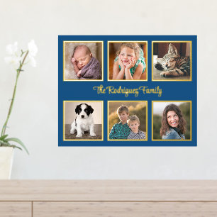 6 Photo Collage Custom Text Blue Gold Foil Prints